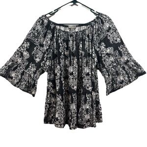 Plus Size Boho Peasant Blouse Black White Floral Bell Sleeve Top 2X